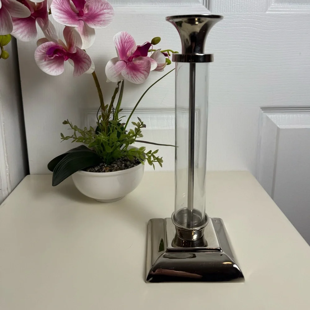 Pottery Barn Amelia Glass & Chrome Candlestick Holder Set of 3 Candle Holders